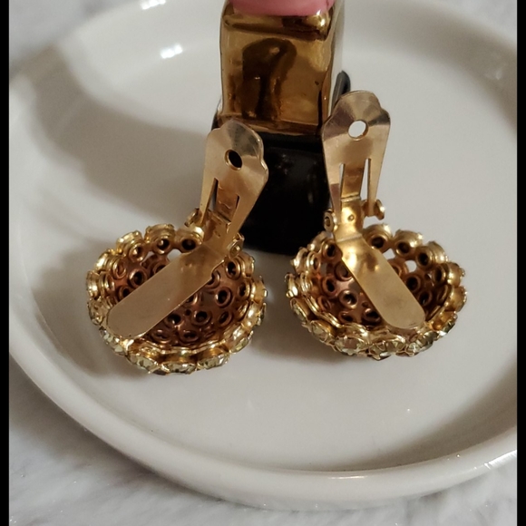 WARNER 3 color yellow amber rhinestone clip on earrings VINTAGE - Picture 3 of 5